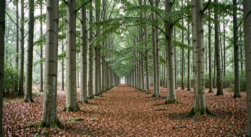 The interior of a beech wood in flat overcast light, wet grey trunks standing in even tone, green leaf canopy above, brown leaf litter below, no shadows anywhere, upright framing
