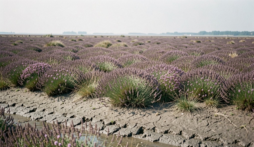A broad band of flowering sea lavender across a Norfolk saltmarsh in July, dusty violet vegetation filling the middle of the frame, a bare mud creek edge in the foreground, hazy afternoon light, wide horizontal framing
