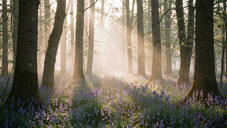 Early morning in a bluebell wood with thin mist between the trunks and low sun coming through from behind the trees, the blue of the flowers deep in shadow at the base of the frame, warm light on the mist above, upright framing