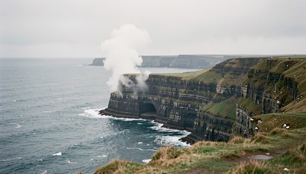 A plume of white spray rising above a dark slate stack on the north Cornish coast, the layered rock strata clearly visible for scale, seen with a long lens from a high clifftop well back from the edge, cold winter light