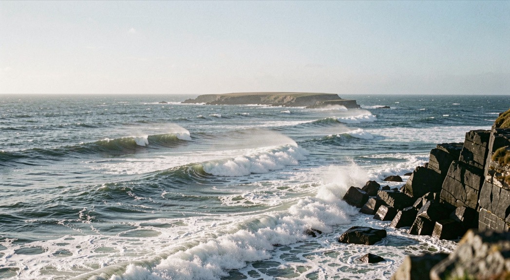 Ordered lines of long period Atlantic groundswell approaching a north Cornish headland, three swell lines visible one behind the other, dark slate rock on the right, clear low winter sunlight from the left, wide horizontal framing