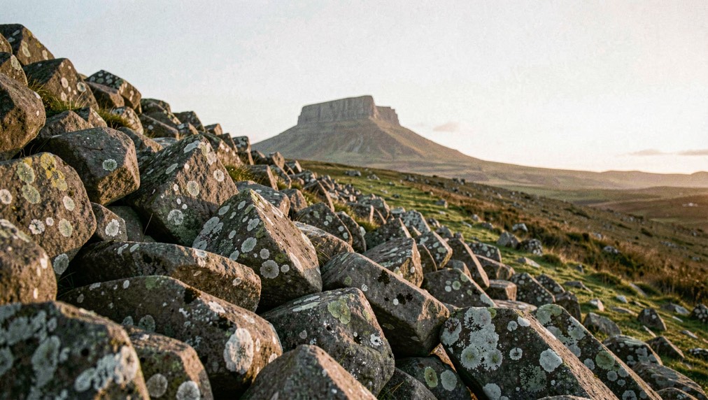 A slope of granite clitter boulders below a Dartmoor tor, lichen covered blocks filling the foreground, the tor standing on the skyline behind, warm low evening light from the right, wide framing