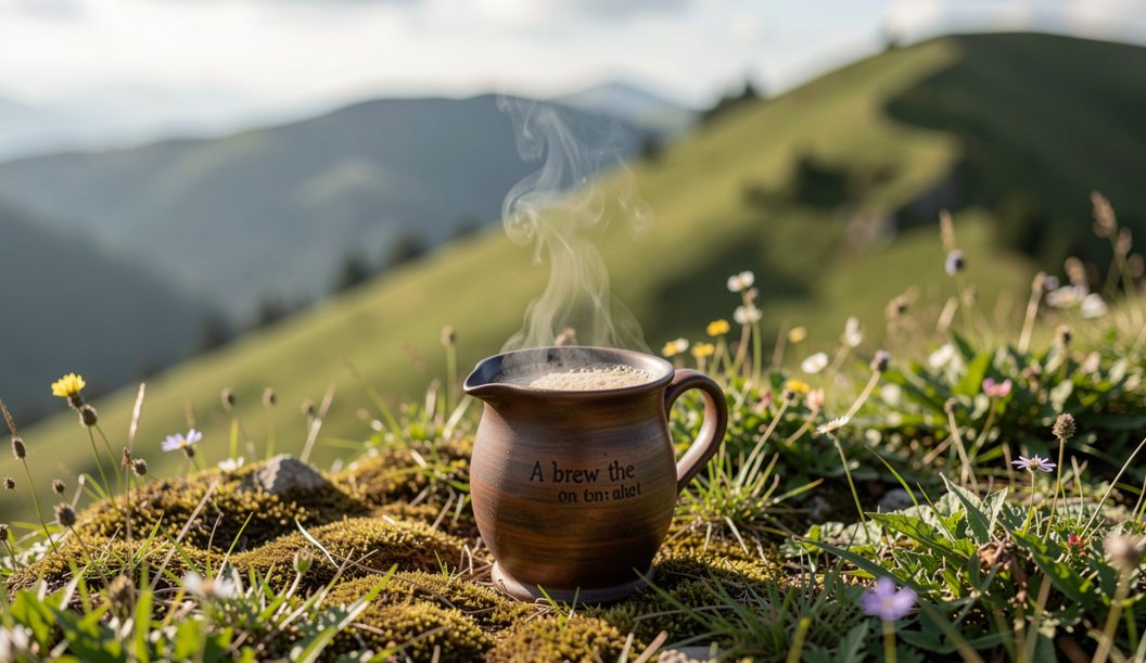 A small camping stove and a steel mug on a flat boulder on a hilltop, steam rising from the mug and being torn sideways by wind, dark moorland falling away behind, overcast light, close framing
