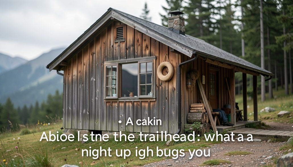 A small timber cabin under a dark fell side at dusk, one warm window lit, the first stars above the ridge, thin smoke rising straight up in still air, landscape framing