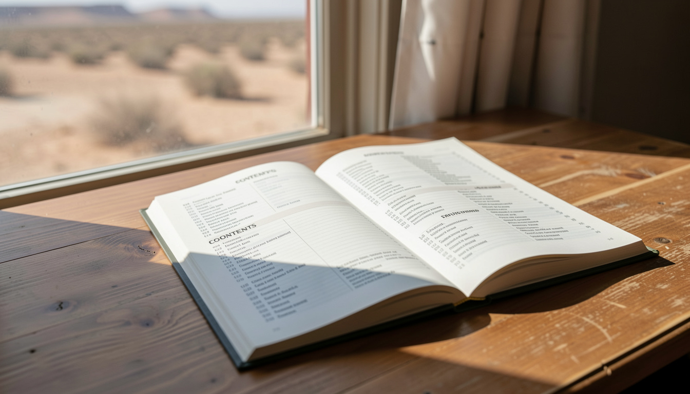 A printed hotel guide open on a wooden desk beside a window, with high desert light falling across the page and a contents list visible along the margin.