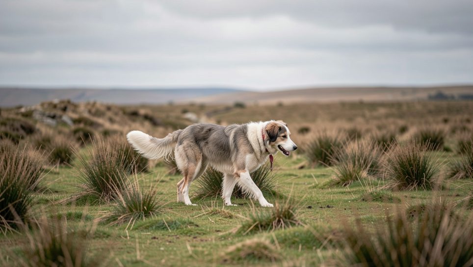 A sheepdog trial on open moorland, a black and white collie low to the ground moving sheep along a distant slope, the handler a small figure at a post, heather and pale sky behind, wide framing