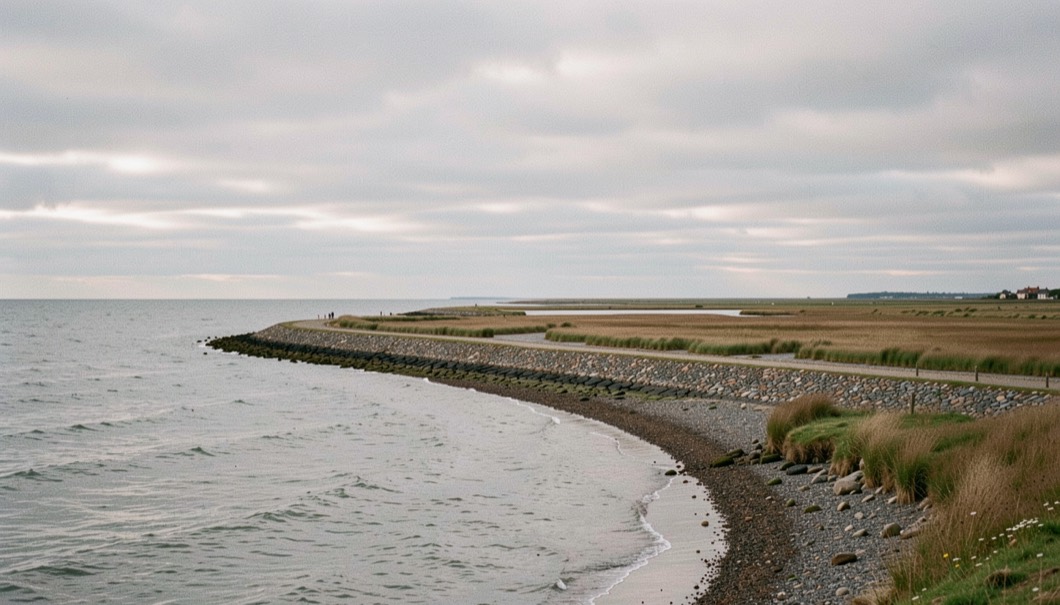 A low shingle bank with saltmarsh behind it on the east coast of England, grey sea on one side and flat marsh on the other, a wide sky of layered cloud above, wide horizontal framing