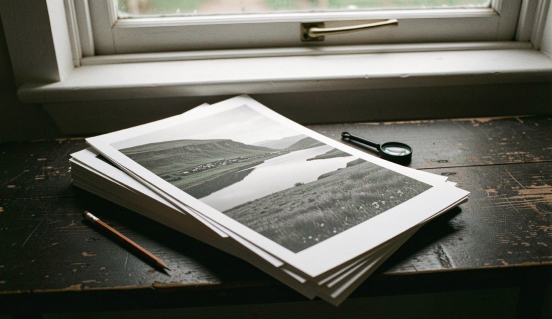 A stack of monochrome landscape prints on a dark bench, the top print showing a lake and a fell, a pencil and a loupe beside them, side window light, overhead framing