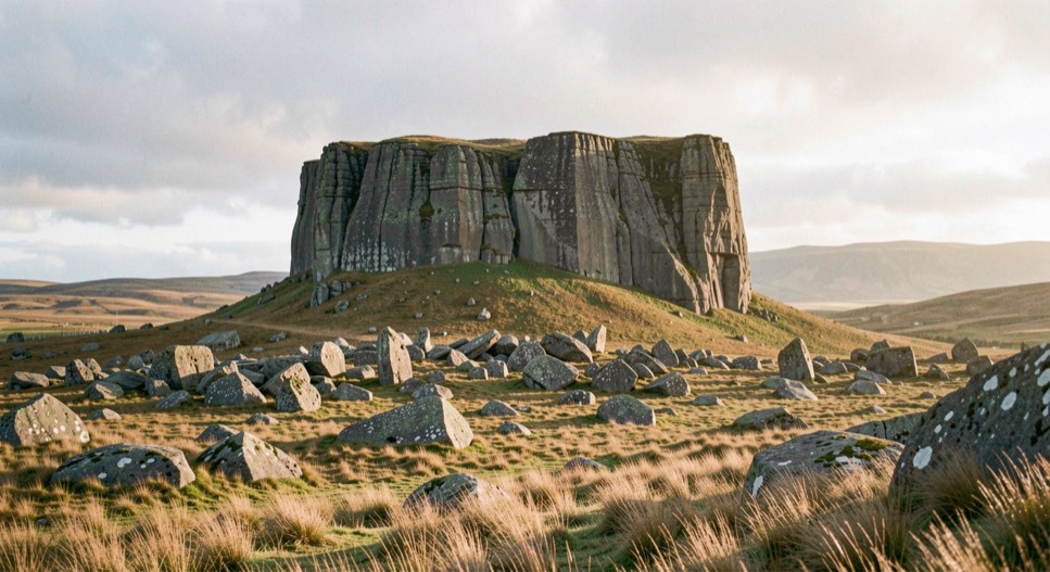 A granite tor standing on a Dartmoor skyline with scattered clitter boulders below it, dry moor grass in the foreground, low warm light from the right, wide horizontal framing