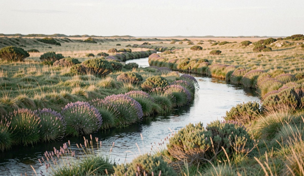 A winding creek cutting through saltmarsh at Blakeney in Norfolk, sea lavender and samphire on the banks, warm low evening light along the water, wide horizontal framing