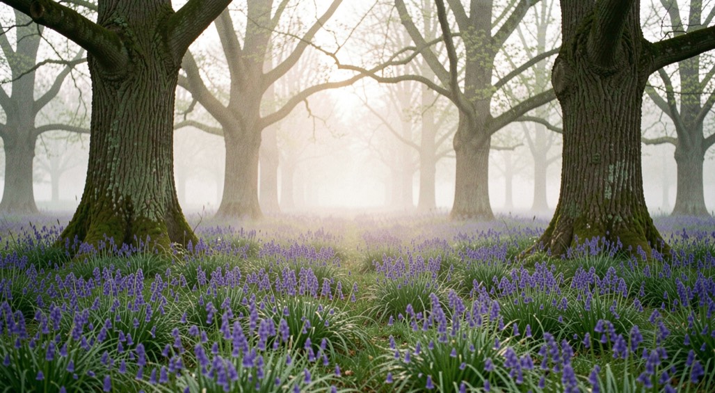 A carpet of bluebells under old oaks in early May, thin mist between the trunks, soft light coming from behind the wood, upright framing with the flowers filling the lower third