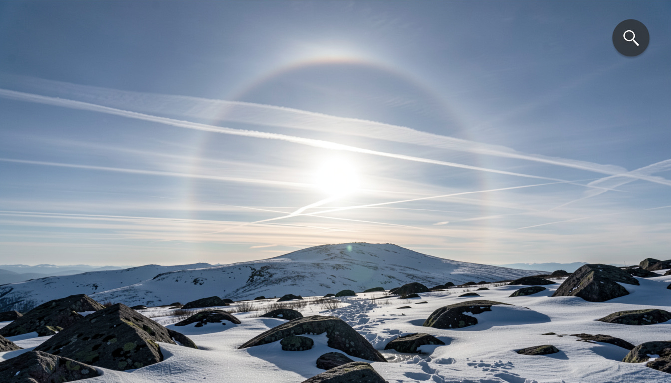A low winter sun seen through thin cirrus cloud above a snow covered ridge, with a faint ring halo around the sun and a dark foreground of rock and ice, shot with a wide lens and the horizon on the lower third.