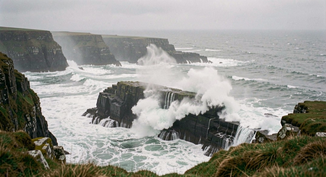 Heavy winter swell breaking against dark slate cliffs on the north Cornish coast, spray thrown high above the rock, grey sky and grey sea, framed from a high clifftop viewpoint