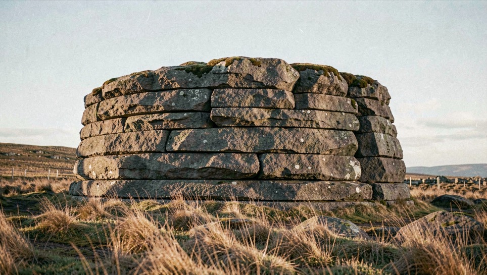 A granite tor on Dartmoor in low side light, the horizontal joints of the rock picked out in shadow, dry winter grass in the foreground, clear pale sky, landscape framing