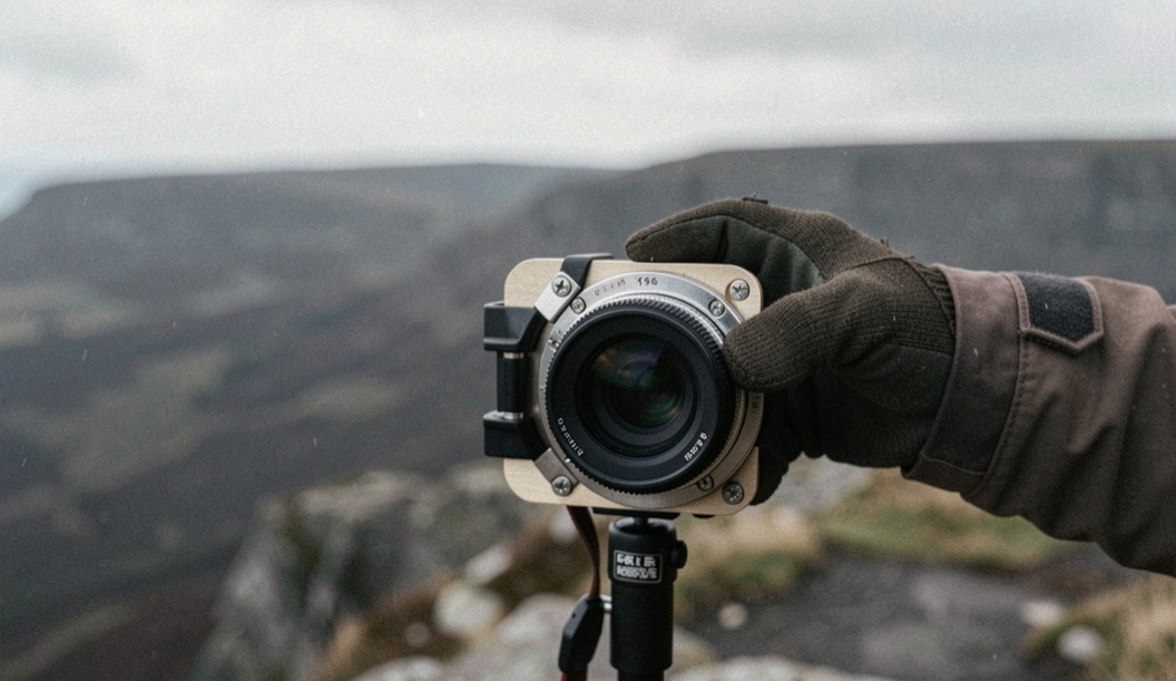 A square filter holder clamped to a lens on a windy ridge, a gloved hand steadying it, dark moorland falling away behind, overcast light, close framing