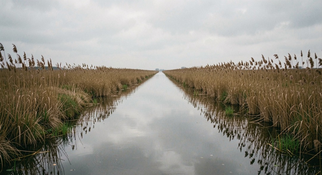 A straight fenland drain under featureless grey cloud, still water reflecting the sky, reed edges on both banks, very flat even light, symmetrical framing