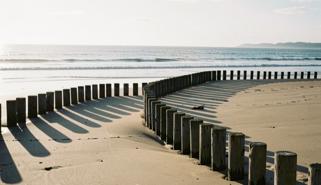Rows of weathered timber groynes running down a Sussex beach into a calm sea, long shadows across the sand, cold morning light from the left, wide horizontal framing