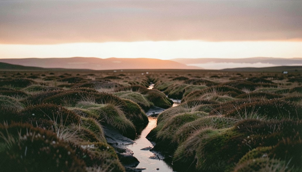 Deep peat groughs on the Kinder Scout plateau before sunrise, black channels cut into the moor, a pale orange band along the eastern horizon, wide low framing
