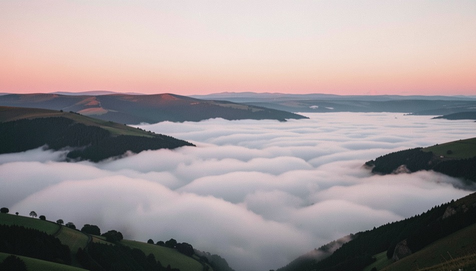A temperature inversion filling the Hope Valley at sunrise, white cloud lying below the ridge line, dark hill tops standing clear above it, cold pink light, wide high viewpoint