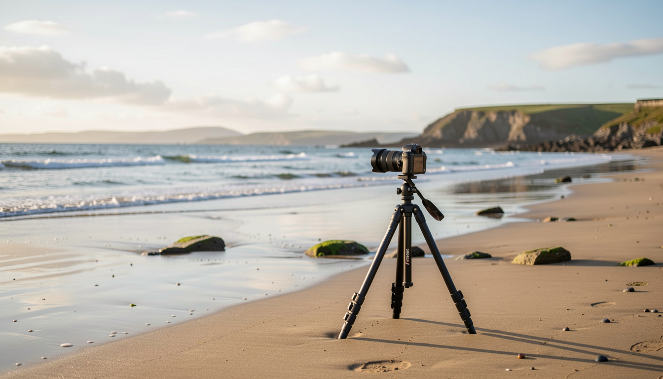 A granite Breton coastline at low tide, morning light, a photographer's tripod set on wet sand with a wide lens pointed at the horizon.