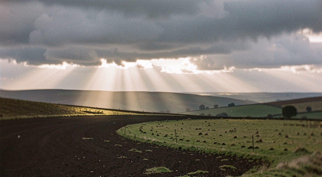 Shafts of sunlight breaking through broken cloud onto a British hillside, one lit field among dark ground, layered grey cloud above, wide horizontal framing