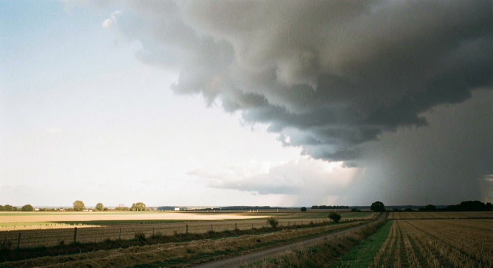 A cold front clearing eastward over British farmland, a hard edged band of dark cloud on the right, bright clear sky and low sunlight on the fields to the left, wide horizontal framing