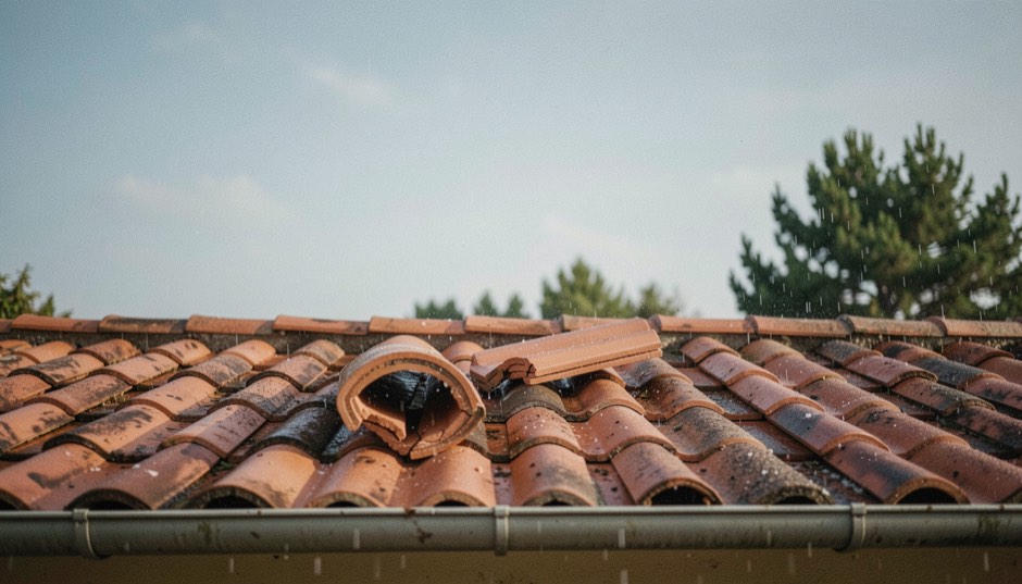 A terracotta tiled roof seen from the garden with a long lens after a hailstorm, several curved tiles slipped out of line along the ridge and one cracked in half, wet clay glowing under a clearing sky