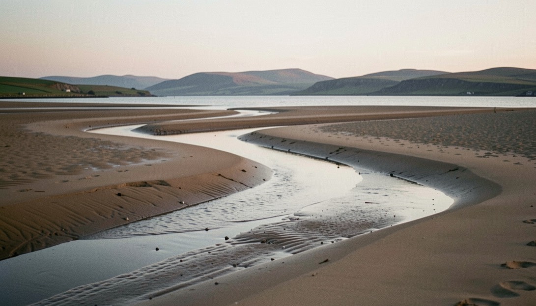 Low water on the Solway Firth, wet sand channels curving toward the far Scottish hills, thin evening light skimming the ridges of sand, wide horizontal framing