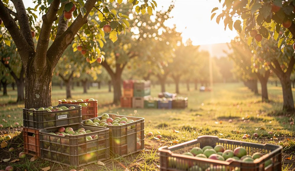 A working orchard in low late-afternoon light, wooden crates of apples stacked under old trees, a small press under a lean-to, long shadows across wet grass, warm angled sunlight