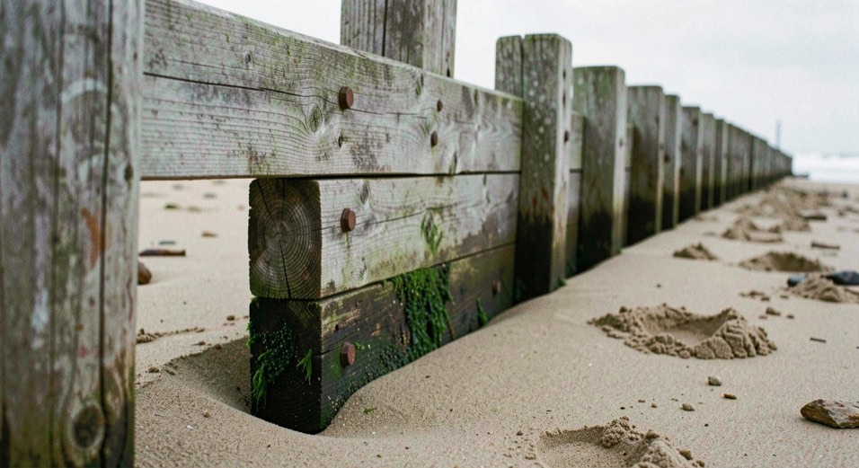 A single weathered timber groyne seen from its scoured down drift side, the beach falling away from the structure, bolt heads and green weed on the lower planks, cold side light, low close viewpoint looking along the line of posts