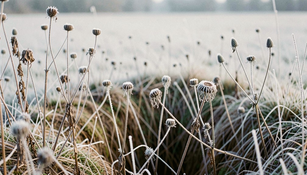 Hoar frost outlining dead seed heads and grass stems in a shaded hollow on a still winter morning, ice crystals catching a little light, blurred pale background of frosted field, close framing with a long lens
