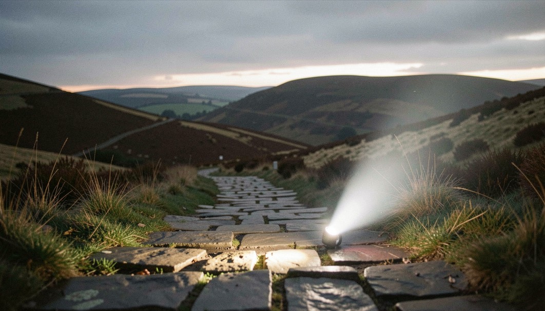 A stone pitched path climbing out of a Derbyshire valley before dawn, the beam of a headtorch on the stones in the foreground, the dark bulk of the moor above, the first grey light along the skyline, upright framing
