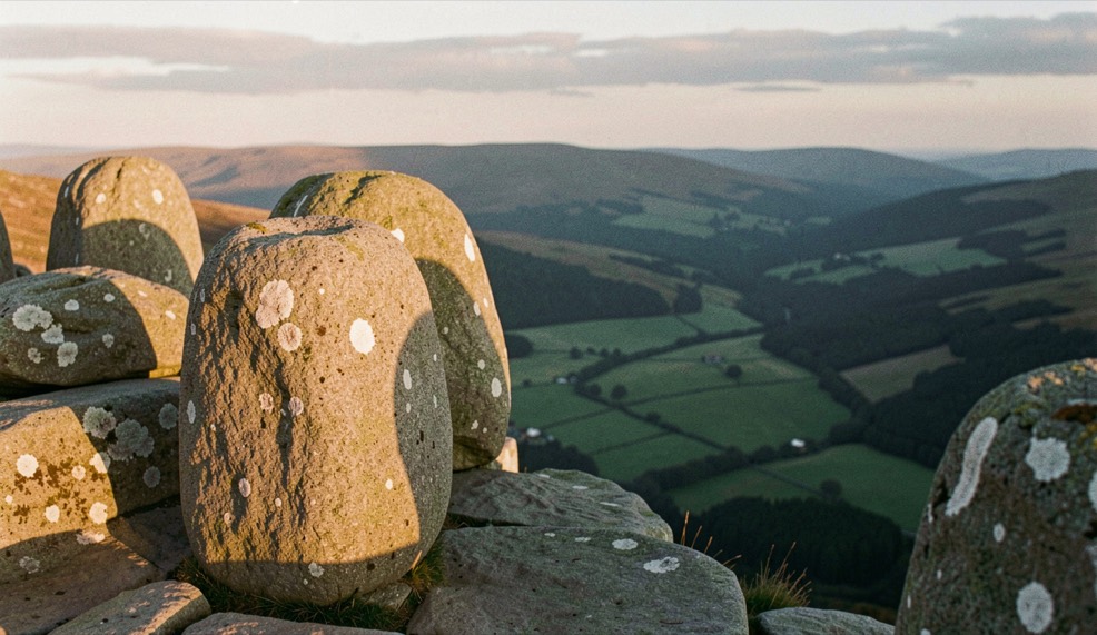 Weathered rounded gritstone blocks standing on the southern rim of Kinder Scout at sunrise, warm low light on the stone from the left, the Vale of Edale in shadow far below, wide framing with the blocks filling the foreground