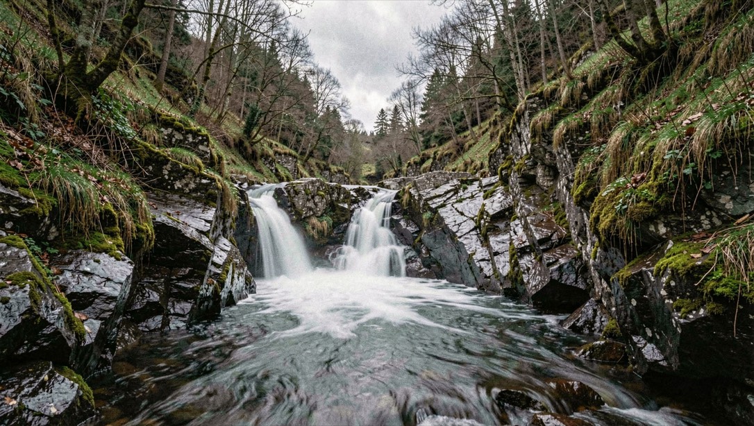 A small waterfall on a limestone beck in a wooded gorge under grey cloud, white water smoothed by a long exposure, wet dark rock and green moss on both banks, no sky visible, upright framing