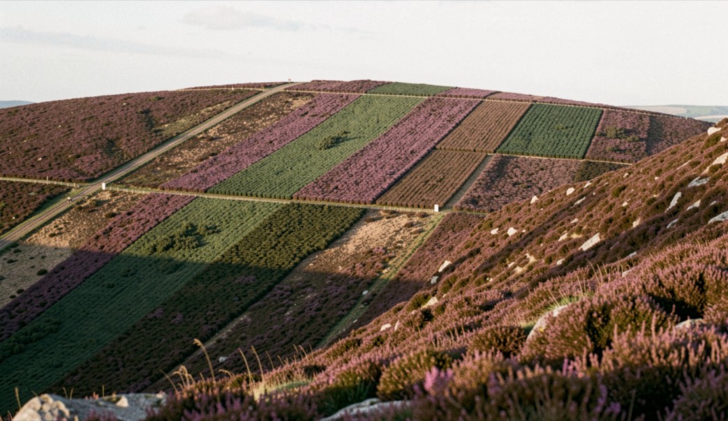 A hillside of managed heather moor seen from a facing ridge, rectangular strips of different aged heather in bands of purple, dark green and brown, a shooting track running across the slope, long evening shadows, wide framing