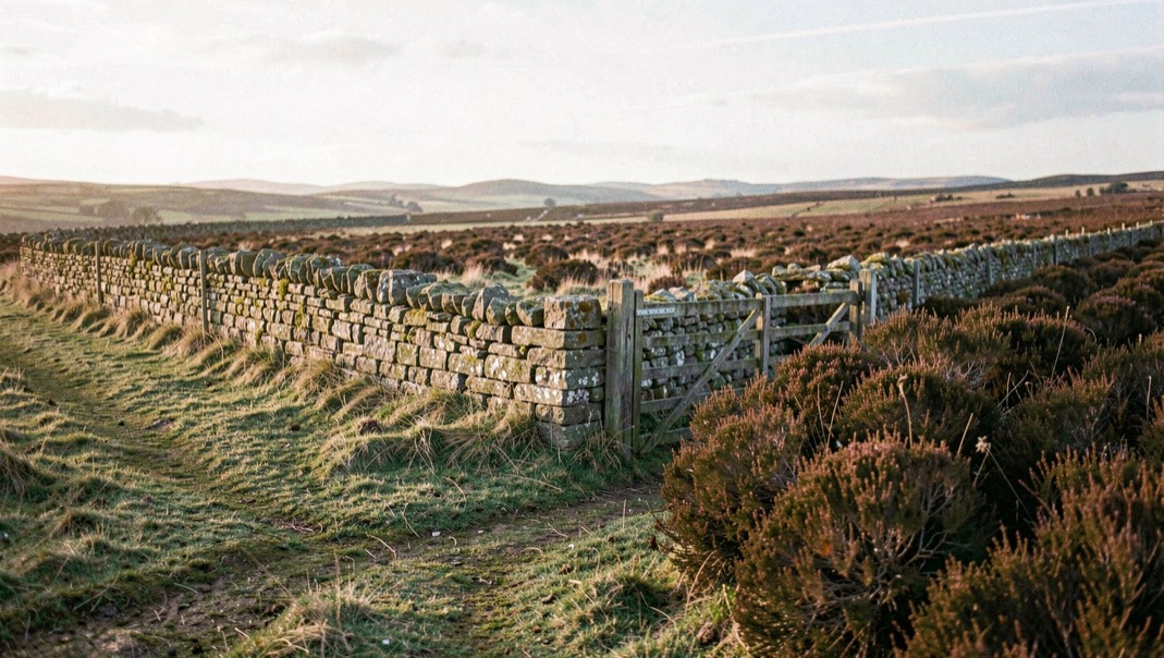 A drystone wall with a wooden gate marking the edge of open access moorland in northern England, rough pasture on one side and heather moor on the other, low winter sun from the left, wide framing