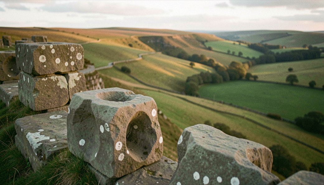 Weathered gritstone blocks along the rim of a Derbyshire edge with deep wind carved hollows in the stone, the moor falling away to a lit valley behind, warm low evening light, wide framing