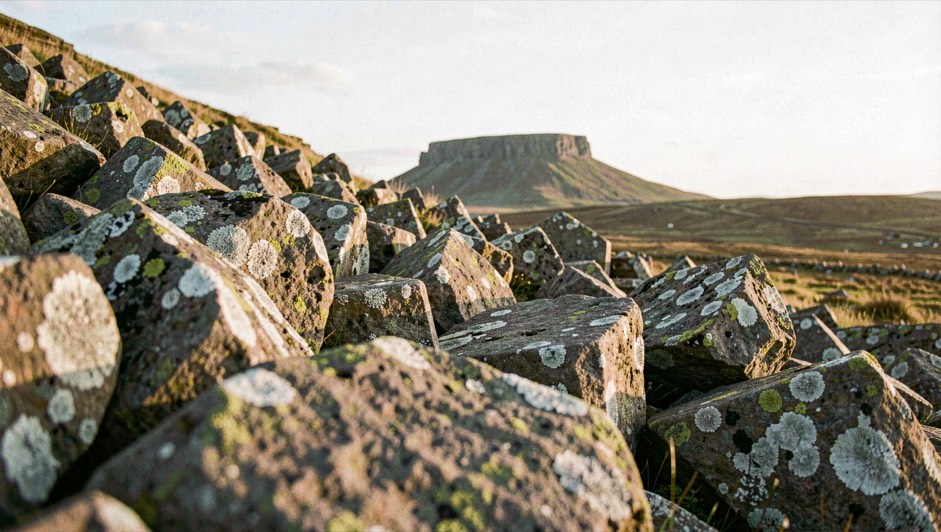 A slope of lichen covered granite blocks below a Dartmoor tor, the blocks large in the foreground and the tor small on the skyline behind, warm low light from the right, wide framing