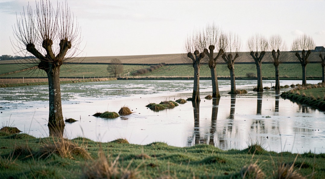 Flooded pasture on the Somerset levels in winter, still water lying across the fields and reflecting a pale sky, pollarded willows standing in the water along a drain, a low ridge on the horizon, wide horizontal framing