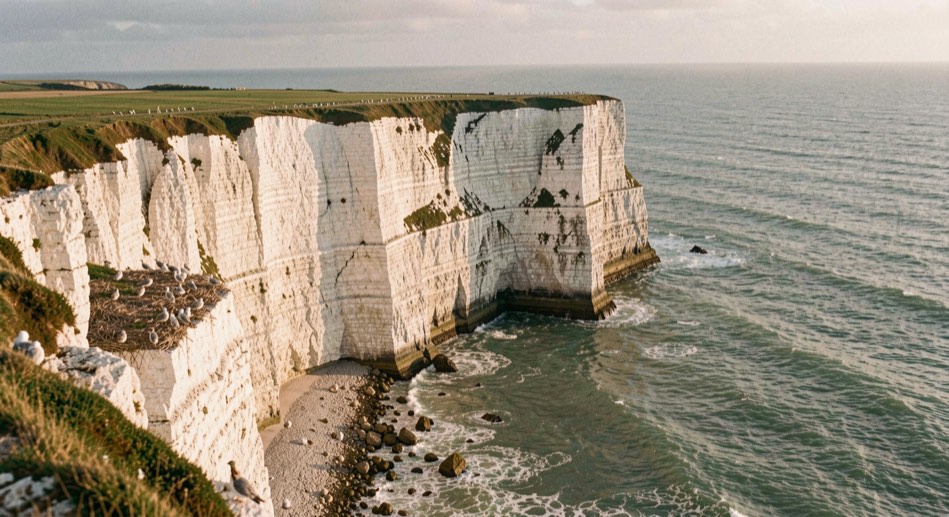 High white chalk cliffs on the Yorkshire coast falling into a grey green sea, ledges marked with nesting seabirds, warm low sunlight on the chalk face from the left, wide horizontal framing from an adjacent headland