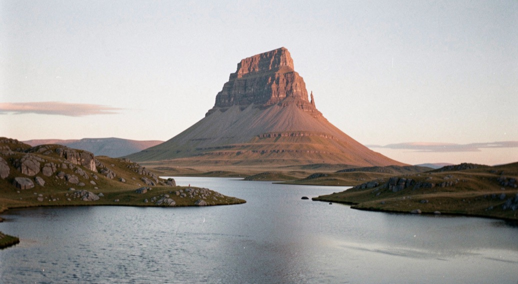 An isolated steep sided sandstone mountain rising alone above a plain of lochans and rocky knolls at dawn, still water in the foreground, cold light on the summit, wide horizontal framing