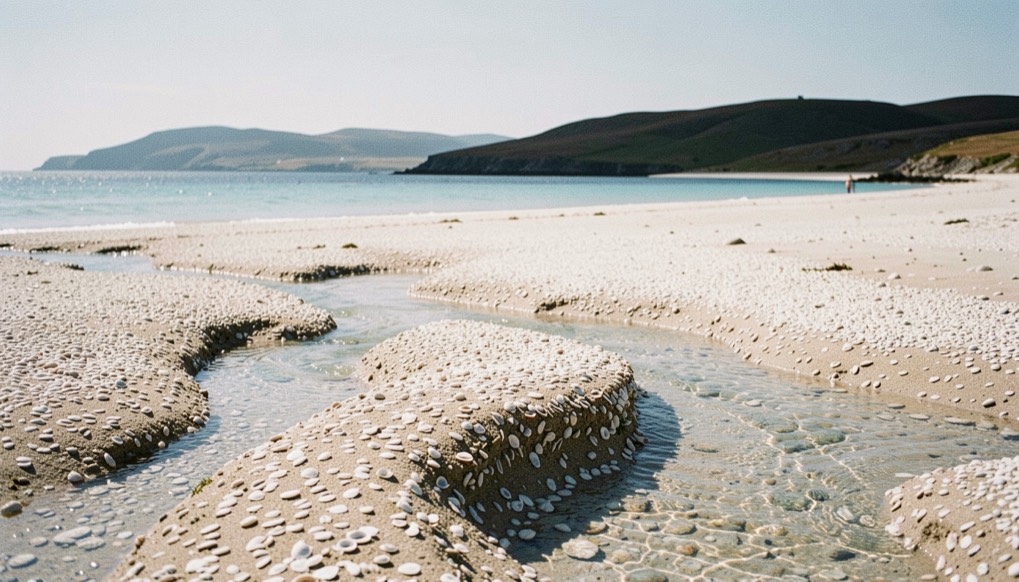 Pale shell sand exposed at low water on a Hebridean beach with shallow turquoise water running in channels across it, dark hills on the far side of the bay, bright clear light from the left, wide horizontal framing