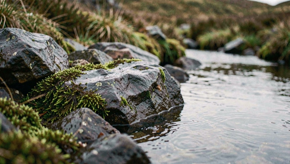 A close view of wet dark rock and moss on a moorland stream bank with the glare removed from the surface, deep saturated colour in the stone and green in the moss, flat overcast light, close framing