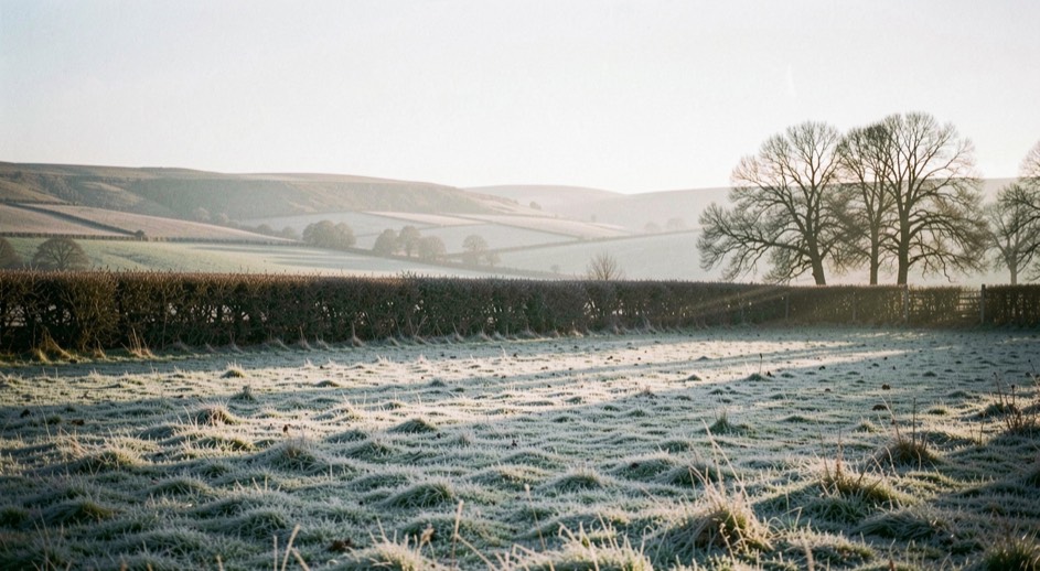 A clear, frosty British morning in a valley under a ridge of high pressure, frost on the grass in the foreground, still air, long shadows from a low sun, bare trees along a hedge line, wide framing