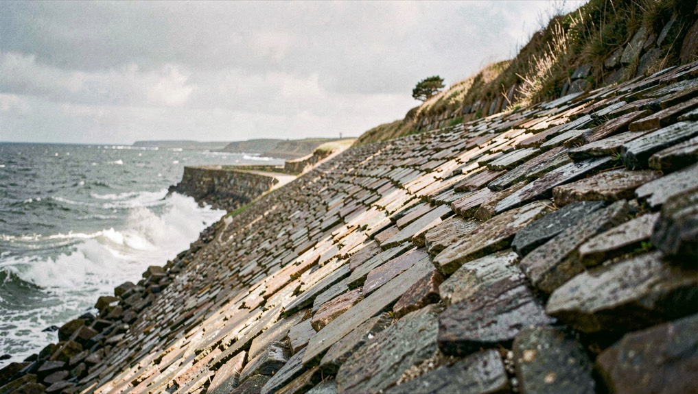 A steep shingle bank on the Suffolk coast under a breaking squall, grey sea on the left, a band of hard low sunlight striking the wet stones, horizon placed high in the frame