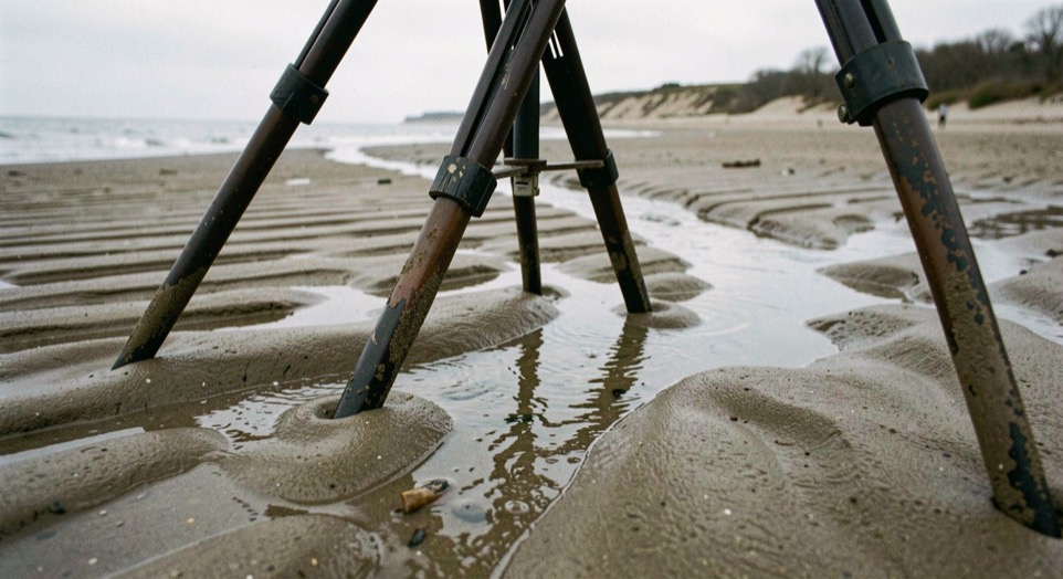 Three tripod legs planted in rippled wet sand at low tide, shallow water running between the ridges, cold overcast light, close low viewpoint