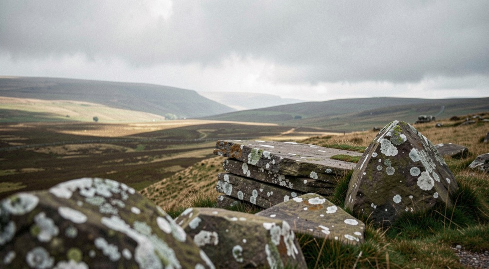 A gritstone edge in the Peak District with cloud shadow running across the moor below, weathered boulders in the near foreground, flat grey light, landscape framing
