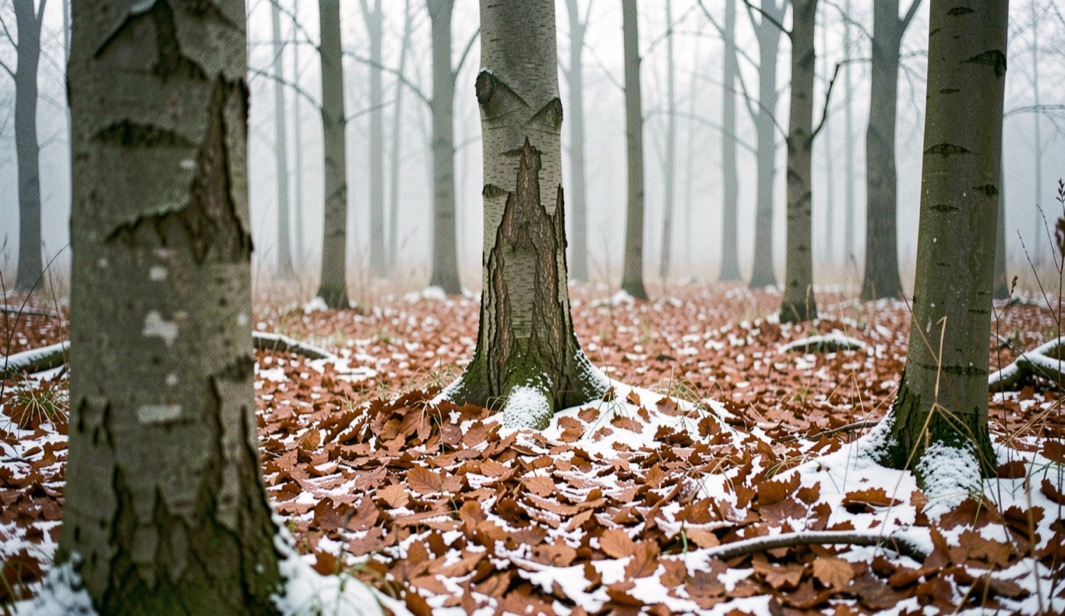 A beech wood in late November, copper leaf litter frosted white in the hollows, bare grey trunks receding into mist, soft diffuse light, upright framing
