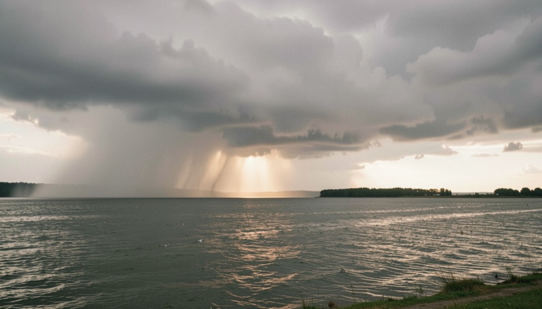 A rain squall crossing a wide estuary, curtains of rain reaching the water on the left, a shaft of sunlight on the far shore, heavy layered cloud, wide horizontal framing