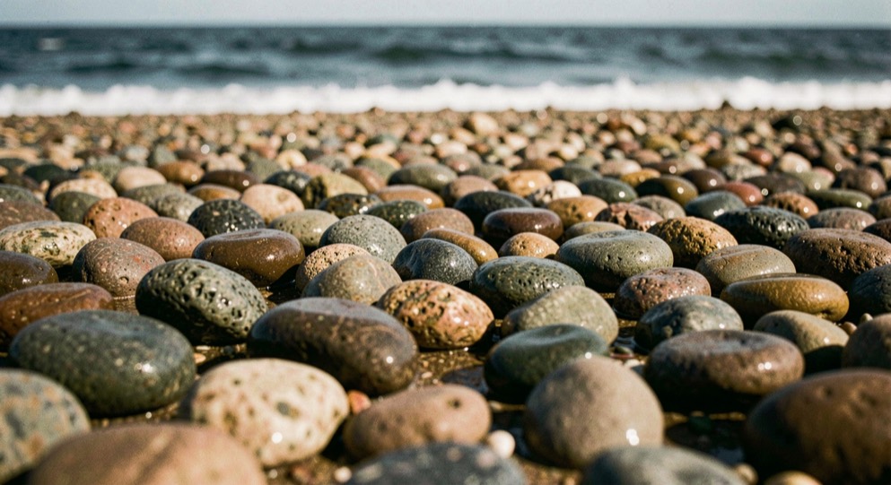 A close low view of wet shingle on a Suffolk beach, rounded stones sorted into ridges of coarse and fine, each wet stone carrying a small bright highlight, dark sea out of focus behind, low side light